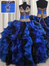  Sleeveless Floor Length Beading and Ruffles Lace Up Sweet 16 Quinceanera Dress with Blue And Black