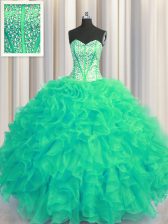 Visible Boning Beaded Bodice Turquoise Organza Lace Up Sweetheart Sleeveless Floor Length Sweet 16 Dress Beading and Ruffles