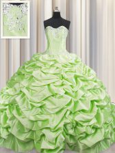 Decent Pick Ups Brush Train Sweep Train Ball Gowns Vestidos de Quinceanera Yellow Green Sweetheart Taffeta Sleeveless Lace Up