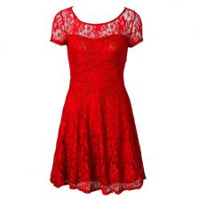  Scoop Red Short Sleeves Tea Length Lace Side Zipper Prom Gown