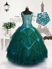 Best Teal Straps Lace Up Beading and Belt Kids Formal Wear Sleeveless