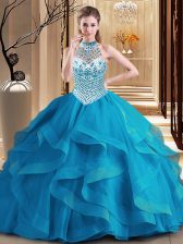 Beauteous Halter Top Blue Sleeveless With Train Beading and Ruffles Lace Up Vestidos de Quinceanera