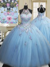  Light Blue Lace Up High-neck Embroidery Sweet 16 Dress Tulle Sleeveless