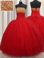  Strapless Sleeveless Tulle 15 Quinceanera Dress Beading Lace Up