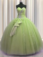  Sequins Bowknot Yellow Green Sleeveless Tulle Lace Up Vestidos de Quinceanera for Military Ball and Sweet 16 and Quinceanera