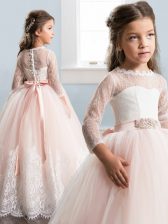 Lovely Baby Pink Scoop Neckline Lace and Bowknot Little Girls Pageant Dress Wholesale 3 4 Length Sleeve Zipper
