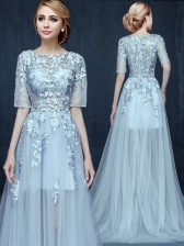 Custom Designed Light Blue Dress for Prom Prom with Appliques Scoop Half Sleeves Brush Train Zipper