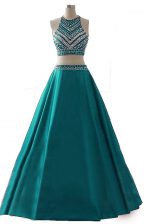  Scoop Beading Prom Gown Dark Green Zipper Sleeveless Floor Length