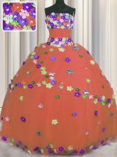 Custom Made Rust Red Strapless Neckline Hand Made Flower Sweet 16 Quinceanera Dress Sleeveless Lace Up