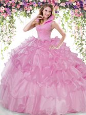 Pretty Sleeveless Organza Floor Length Backless 15th Birthday Dress in Lilac with Beading and Ruffled Layers