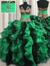 High Quality Leopard Two Tone V Neck Multi-color Ball Gowns Beading and Ruffles 15 Quinceanera Dress Lace Up Organza Sleeveless Floor Length