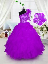 Fashionable Fuchsia Little Girls Pageant Dress Party and Wedding Party with Appliques and Ruffles One Shoulder Short Sleeves Lace Up