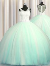 Best Big Puffy Zipper Up V-neck Sleeveless Tulle Quinceanera Dresses Beading and Appliques Brush Train Zipper