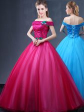  Fuchsia Tulle Lace Up Off The Shoulder Sleeveless Floor Length 15th Birthday Dress Beading and Appliques