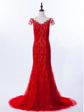 Popular Mermaid Scoop Cap Sleeves Lace Brush Train Zipper Prom Dress in Red with Beading and Appliques
