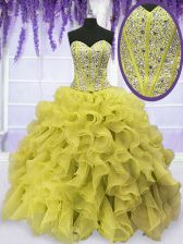 Inexpensive Organza Sleeveless Floor Length Quince Ball Gowns and Beading and Ruffles