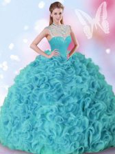 Trendy Floor Length Aqua Blue Sweet 16 Quinceanera Dress Organza Sleeveless Beading and Ruffles