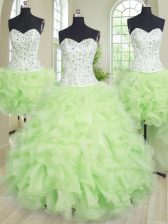  Four Piece Yellow Green Organza Lace Up Quinceanera Dress Sleeveless Floor Length Beading and Ruffles