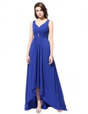  Royal Blue Chiffon Zipper V-neck Sleeveless With Train Dress for Prom Brush Train Ruching