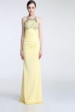 Admirable Light Yellow Scoop Criss Cross Beading and Ruching Evening Dress Sleeveless