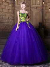 Elegant One Shoulder Floor Length Blue Vestidos de Quinceanera Tulle Sleeveless Pattern