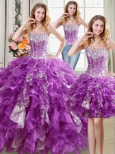 Suitable Three Piece Purple Ball Gowns Beading and Ruffles and Sequins Quince Ball Gowns Lace Up Organza Sleeveless Floor Length