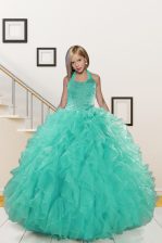 Halter Top Beading and Ruffles Kids Formal Wear Turquoise Lace Up Sleeveless Floor Length