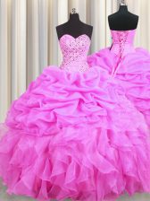  Rose Pink Organza Lace Up Sweet 16 Dresses Sleeveless Floor Length Beading and Ruffles and Pick Ups
