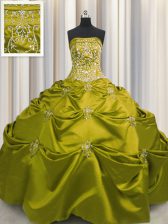 Stylish Olive Green Sleeveless Floor Length Beading and Appliques and Embroidery Lace Up Vestidos de Quinceanera