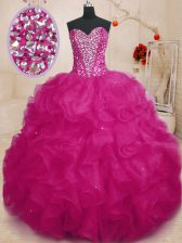  Fuchsia Sweetheart Lace Up Beading and Ruffles Quinceanera Dress Sleeveless