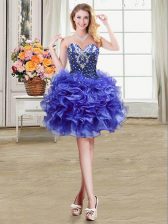 Suitable Blue Ball Gowns Organza Sweetheart Sleeveless Beading and Ruffles Mini Length Lace Up Evening Dress
