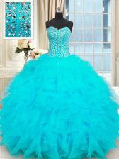 Cute Baby Blue Ball Gowns Strapless Sleeveless Organza Floor Length Lace Up Beading and Ruffles 15th Birthday Dress