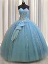  Sequins Bowknot Sweetheart Sleeveless Lace Up Sweet 16 Dress Baby Blue Tulle