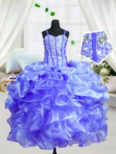 Admirable Floor Length Baby Blue Little Girl Pageant Gowns Organza Sleeveless Beading and Ruffles