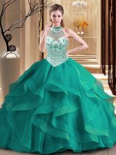  Halter Top Dark Green Sleeveless Brush Train Beading and Ruffles With Train Quinceanera Dresses