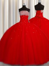  Puffy Skirt Red Organza Lace Up Strapless Sleeveless Floor Length Sweet 16 Dresses Beading and Sequins