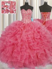 Eye-catching Visible Boning Coral Red Organza Lace Up Sweetheart Sleeveless Floor Length Vestidos de Quinceanera Beading and Ruffles
