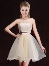 Nice Mini Length Champagne Dama Dress for Quinceanera Strapless Sleeveless Lace Up