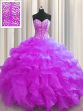 Superior Visible Boning Fuchsia 15th Birthday Dress Military Ball and Sweet 16 and Quinceanera with Beading and Ruffles Sweetheart Sleeveless Lace Up