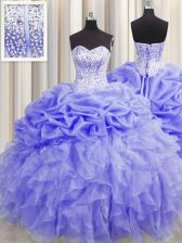  Visible Boning Lavender Ball Gowns Sweetheart Sleeveless Organza Floor Length Lace Up Beading and Ruffles and Pick Ups Quinceanera Gowns