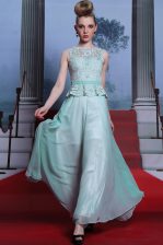 Fashion Light Blue Side Zipper Scoop Lace and Belt Evening Dress Chiffon Sleeveless