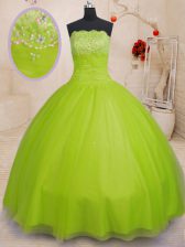  Ball Gowns 15th Birthday Dress Yellow Green Strapless Tulle Sleeveless Floor Length Lace Up