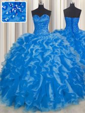  Sleeveless Organza Floor Length Lace Up Ball Gown Prom Dress in Blue with Beading and Ruffles