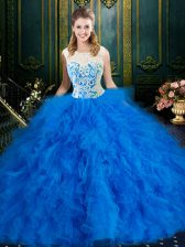  Blue Scoop Neckline Lace and Ruffles Vestidos de Quinceanera Sleeveless Zipper