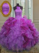 Custom Design Sleeveless Organza Floor Length Lace Up 15 Quinceanera Dress in Multi-color with Beading and Ruffles