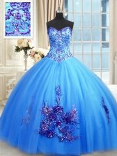  Sweetheart Sleeveless Sweet 16 Quinceanera Dress Floor Length Beading and Appliques and Embroidery Blue Tulle