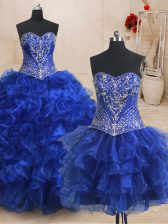  Three Piece Sweetheart Sleeveless Organza Quinceanera Gowns Beading and Ruffles Brush Train Lace Up
