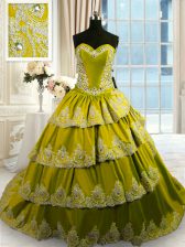  Olive Green Sweetheart Lace Up Beading and Appliques and Ruffled Layers 15 Quinceanera Dress Court Train Sleeveless