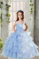  Ruffled Spaghetti Straps Long Sleeves Lace Up Girls Pageant Dresses Baby Blue Organza