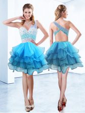 Captivating One Shoulder Organza Sleeveless Knee Length Evening Dress and Beading and Ruffled Layers